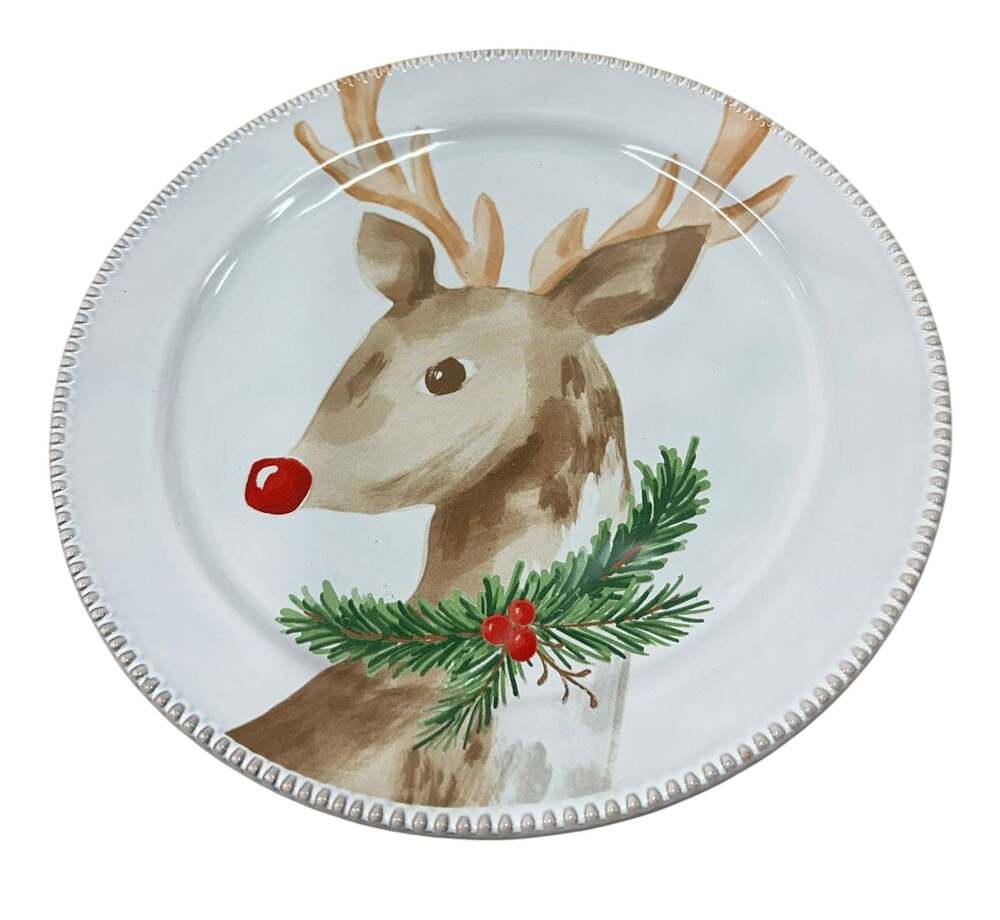 Mud Pie Christmas Reindeer Ceramic Salad Plate with Beaded Edge